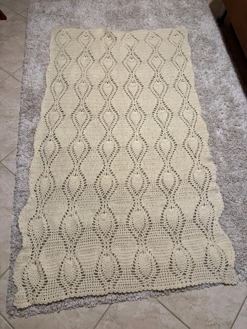 Handmade Crocheted Ivory Vintage Afghan Throw Blanket 43” X 77” Diamond Pattern